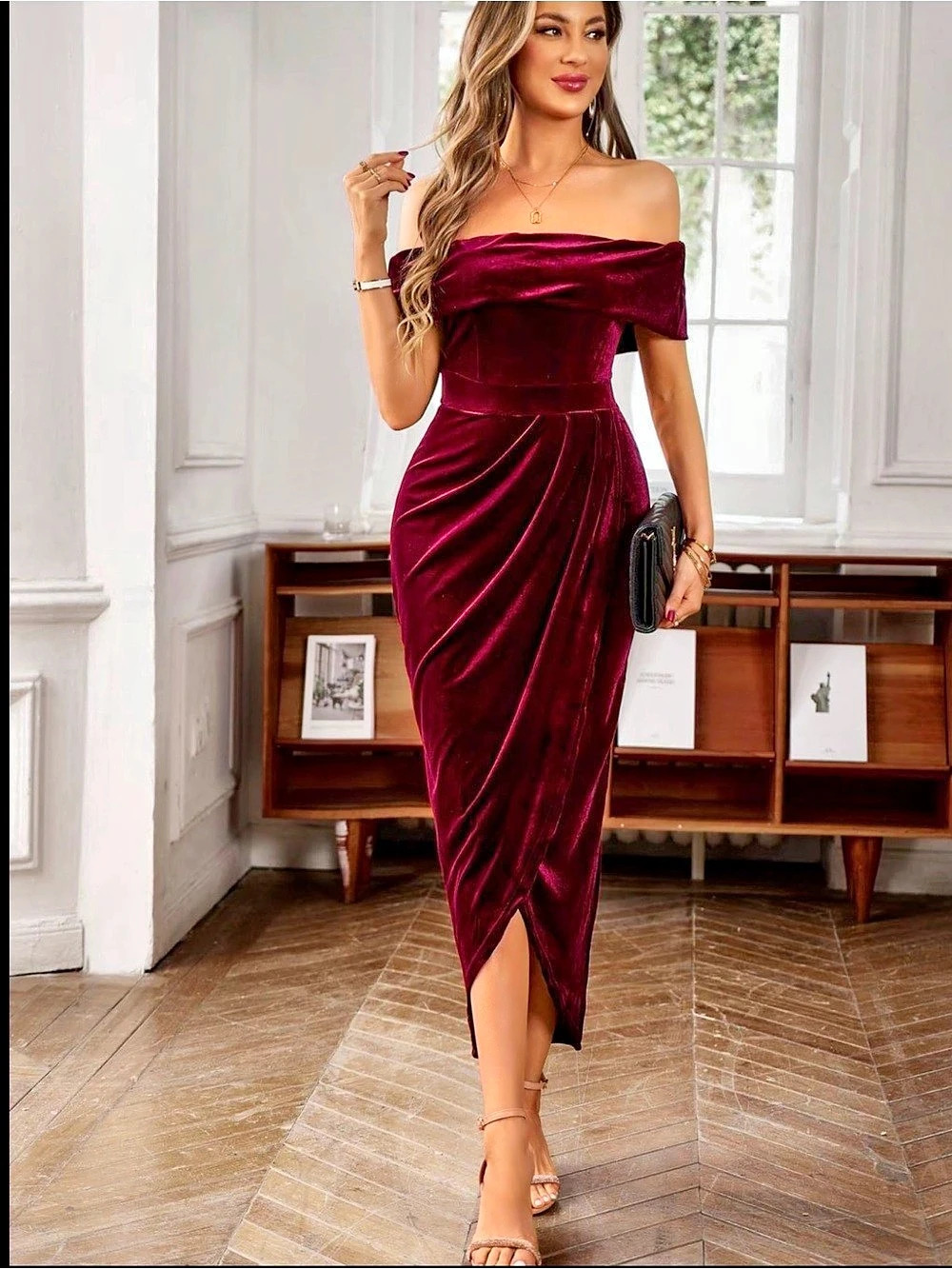 Velvet Off-Shoulder Maxi Dress in Red Size Small Like New